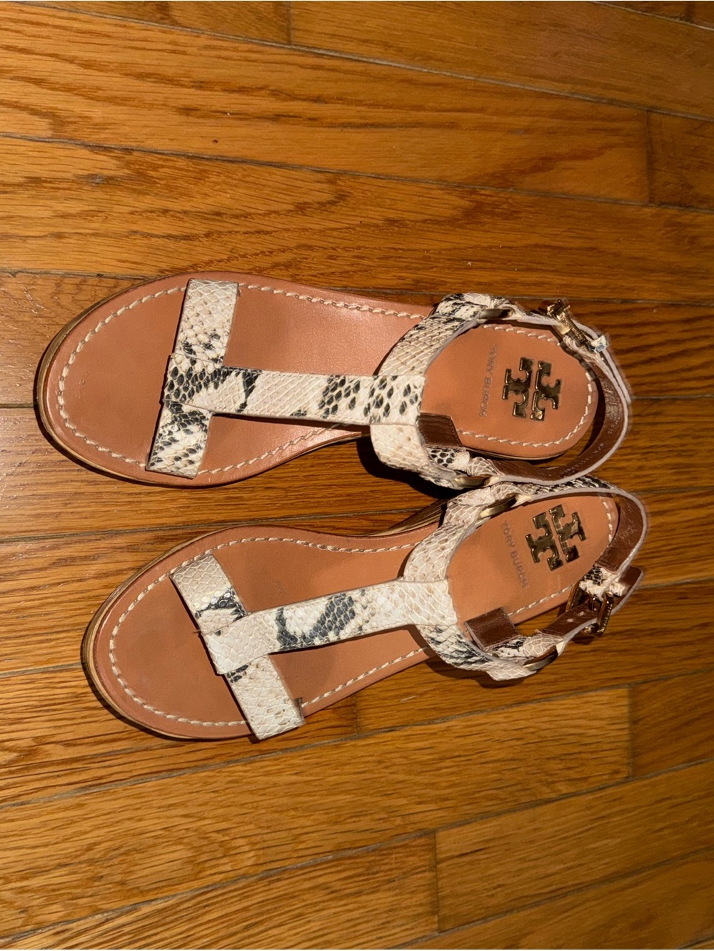Tory Burch Snake-Print T-Strap Sandals in Tan and Cream